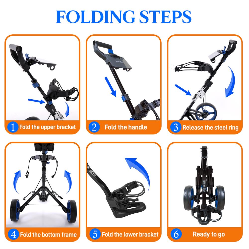 Foldable 2-Wheel Golf Push Cart - Aluminum Pull Cart, Upper & Lower Brackets With Elastic Strap, Without Umbrella Holder