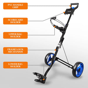 Foldable 2-Wheel Golf Push Cart - Aluminum Pull Cart, Upper & Lower Brackets With Elastic Strap, Without Umbrella Holder