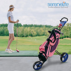 Foldable 3-Wheel Golf Push Cart - New Deluxe Scorecard Holder, Upper & Lower Brackets With Strap