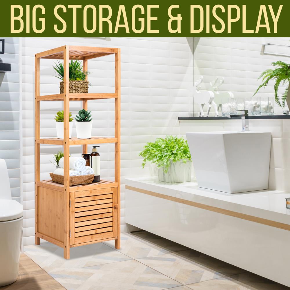 5 Tier Bamboo Storage Cabinet Shelf - Free Standing Multifunctional Furniture With Storage Cabinet