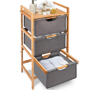 3 Tier Bamboo Shelf With Storage Hamper - Wooden Bamboo Laundry Organizer Cabinet With Removable Sliding Bags