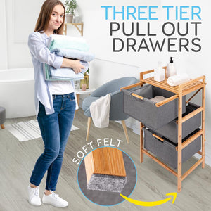 3 Tier Bamboo Shelf With Storage Hamper - Wooden Bamboo Laundry Organizer Cabinet With Removable Sliding Bags