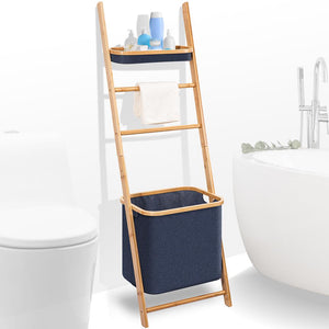 Bamboo Leaning Shelf With Storage Hamper - Wooden Bamboo Laundry Organizer Cabinet With Removable Sliding Bags