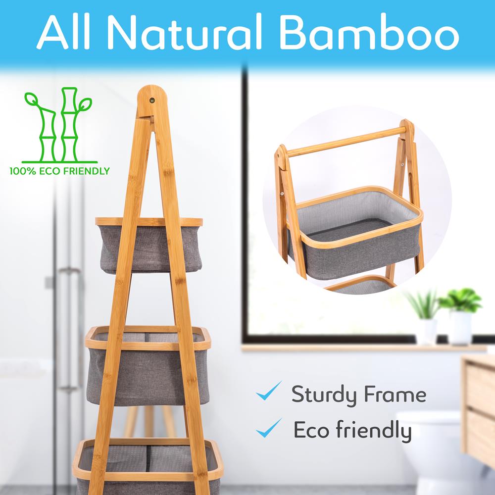 3 Tier Bamboo Shelf With Storage Hamper - Wooden Bamboo Laundry Organizer Cabinet With Removable Sliding Bags