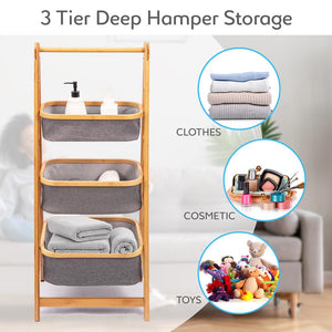 3 Tier Bamboo Shelf With Storage Hamper - Wooden Bamboo Laundry Organizer Cabinet With Removable Sliding Bags