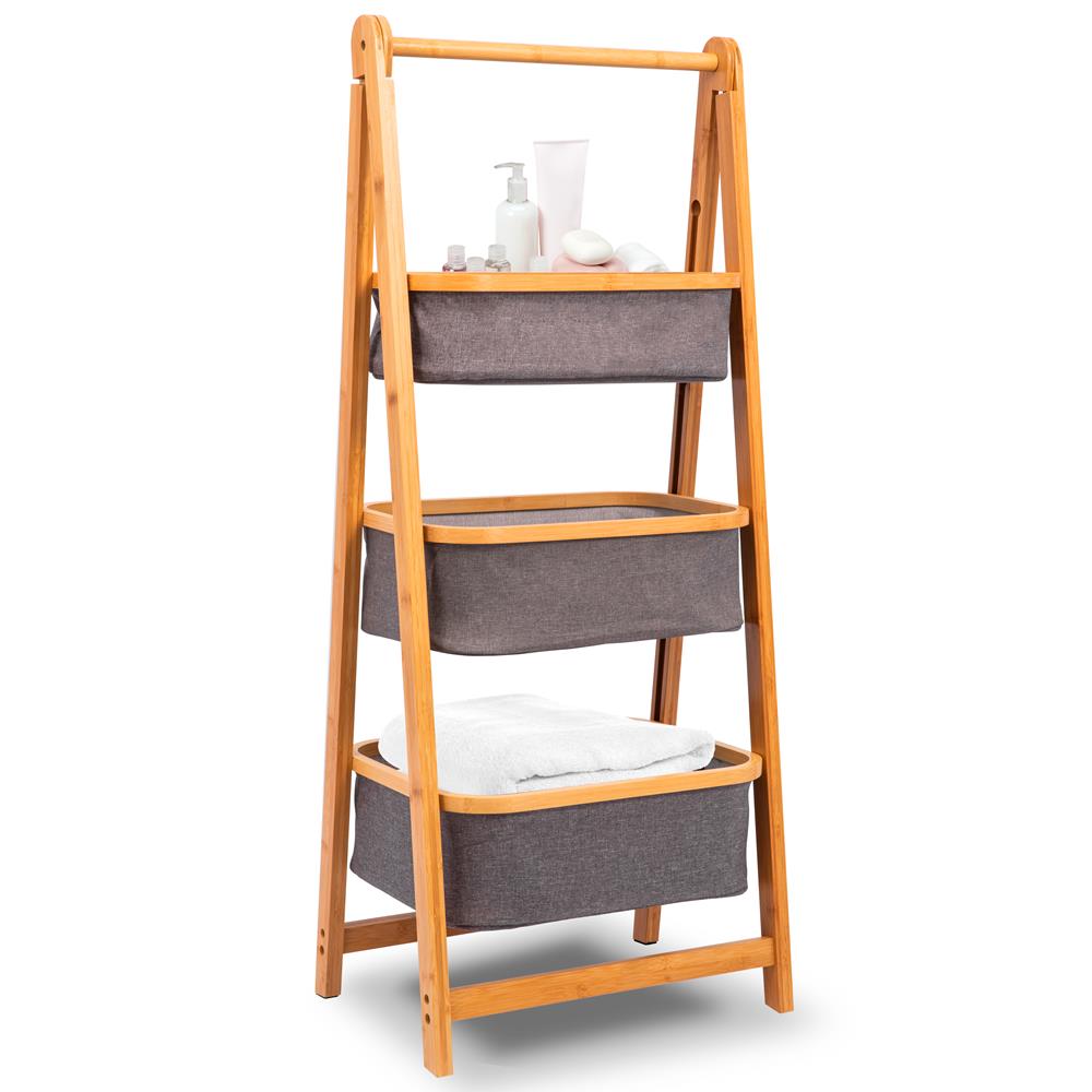 3 Tier Bamboo Laundry Shelf - Space-Saving Foldable Organizer with Baskets - Thumbnail 3