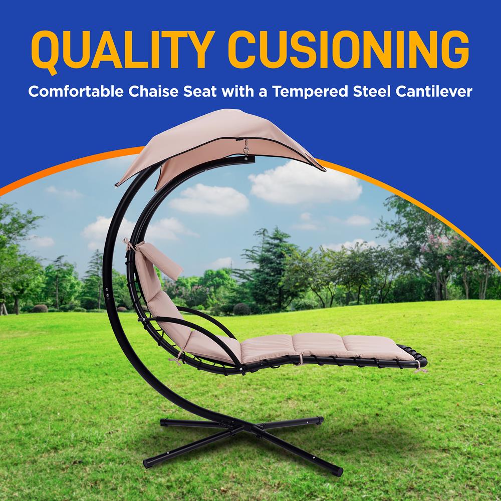 Outdoor Hanging Curved Steel Chaise Lounge Swing Chair W/ Built-In Pillow And Removable Canopy