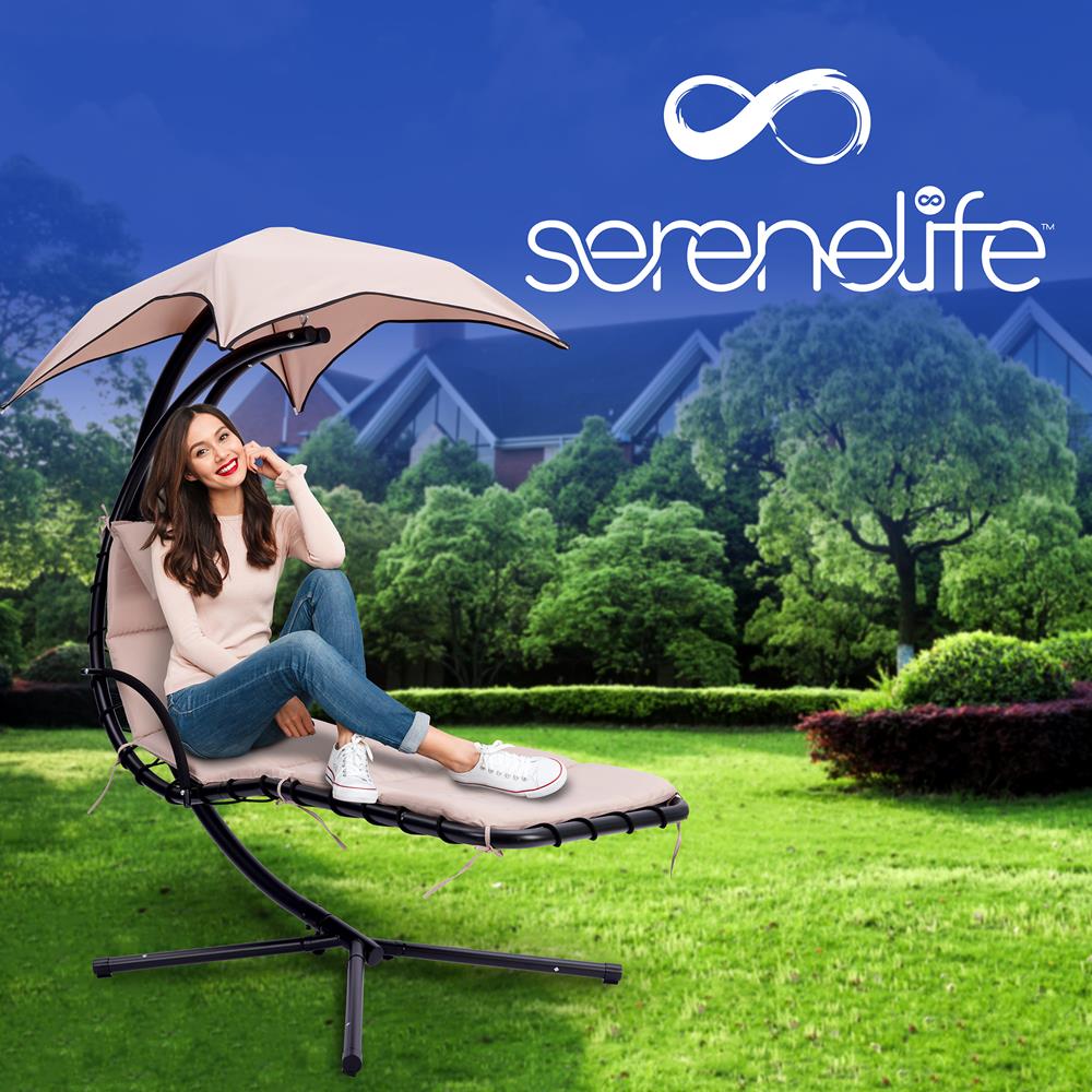 Outdoor Hanging Curved Steel Chaise Lounge Swing Chair W/ Built-In Pillow And Removable Canopy