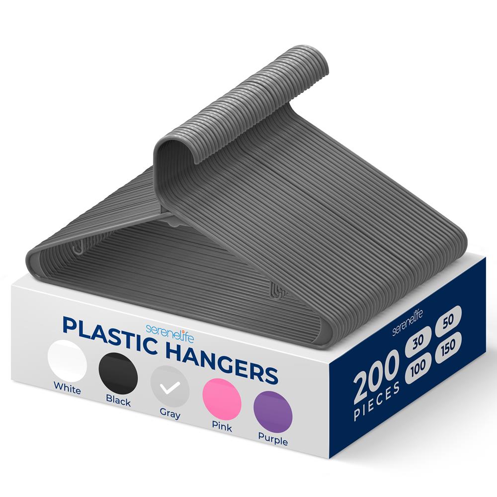 200-Pack Non-Slip Space-Saving Plastic Hangers, Sturdy, Gray