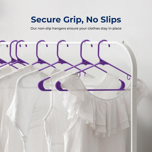 100 Pack Non-Slip Space-Saving Plastic Hangers, Sturdy, Purple