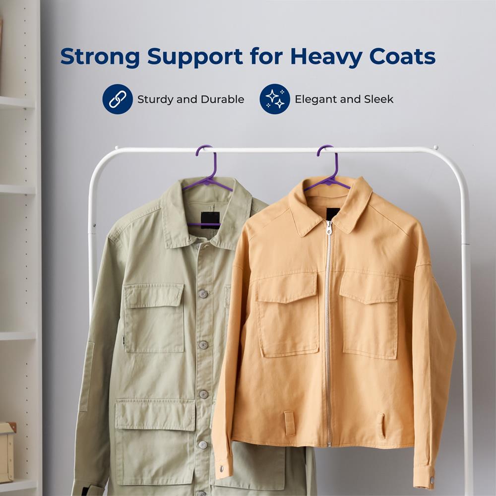 100 Pack Non-Slip Space-Saving Plastic Hangers, Sturdy, Purple