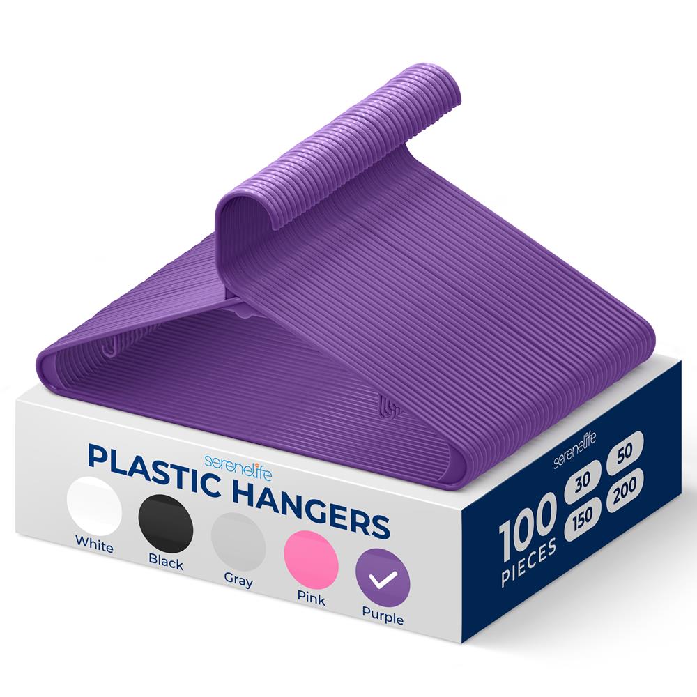 100 Pack Non-Slip Space-Saving Plastic Hangers, Sturdy, Purple