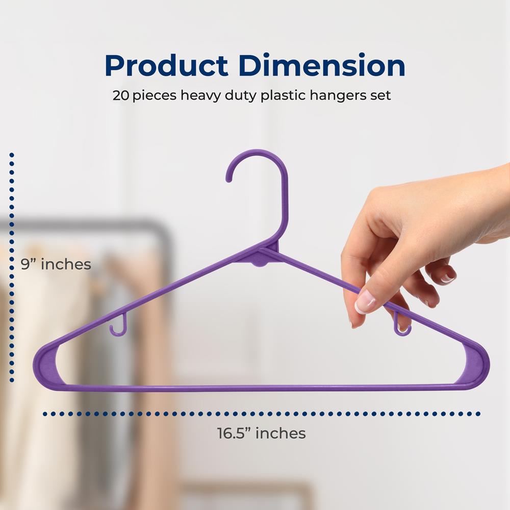 20 Pcs. Plastic Hangers - Non-Slip, Sturdy, And Heavy Duty Coat Set With 360° Swivel Hook For Clothes (Purple)