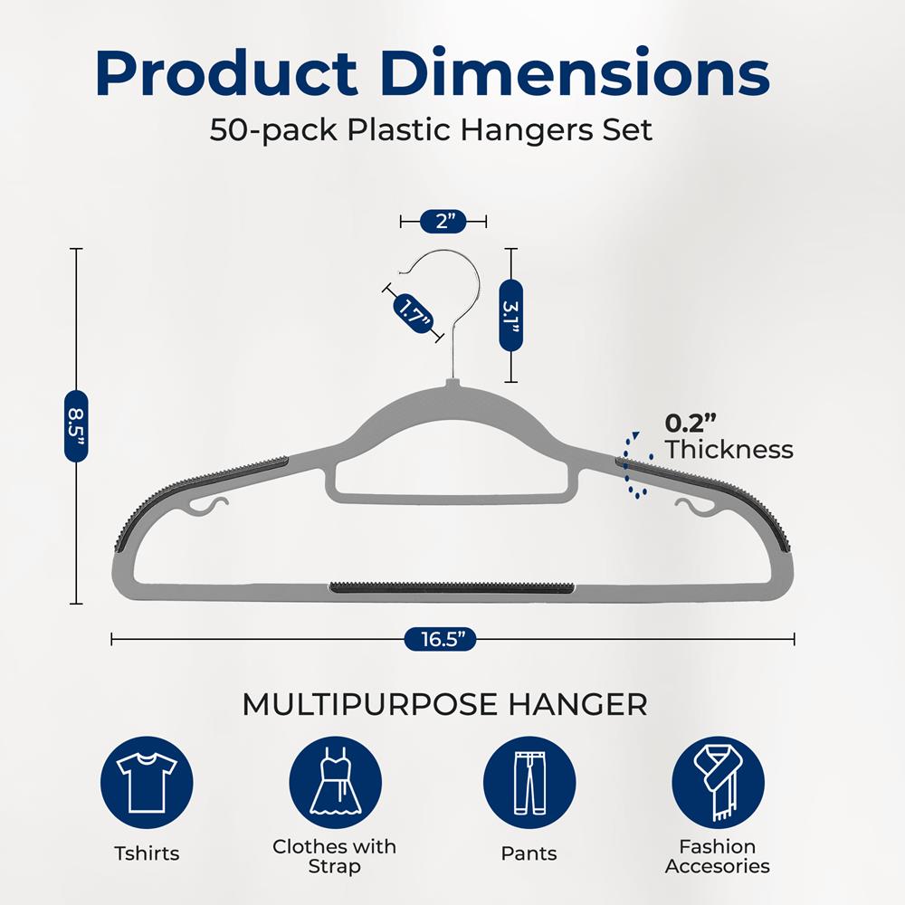 50-Pack Grey Non-Slip Clothes Hangers - Space-Saving, 360° Swivel Hooks