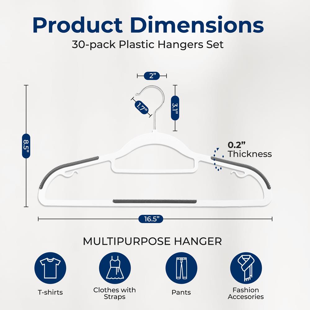 30-Pack Non-Slip Clothes Hangers, Space-Saving ABS Plastic, White