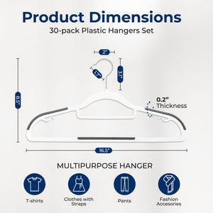 30-Pack Non-Slip Clothes Hangers, Space-Saving ABS Plastic, White