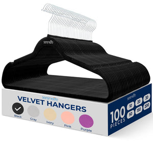 100 Pcs. Of Velvet Non-Slip Hangers For Clothes - Heavy Duty Coat Hanger Set With 360° Swivel Hook (Black)