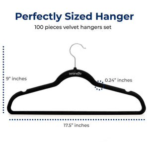 100 Pcs. Of Velvet Non-Slip Hangers For Clothes - Heavy Duty Coat Hanger Set With 360° Swivel Hook (Black)