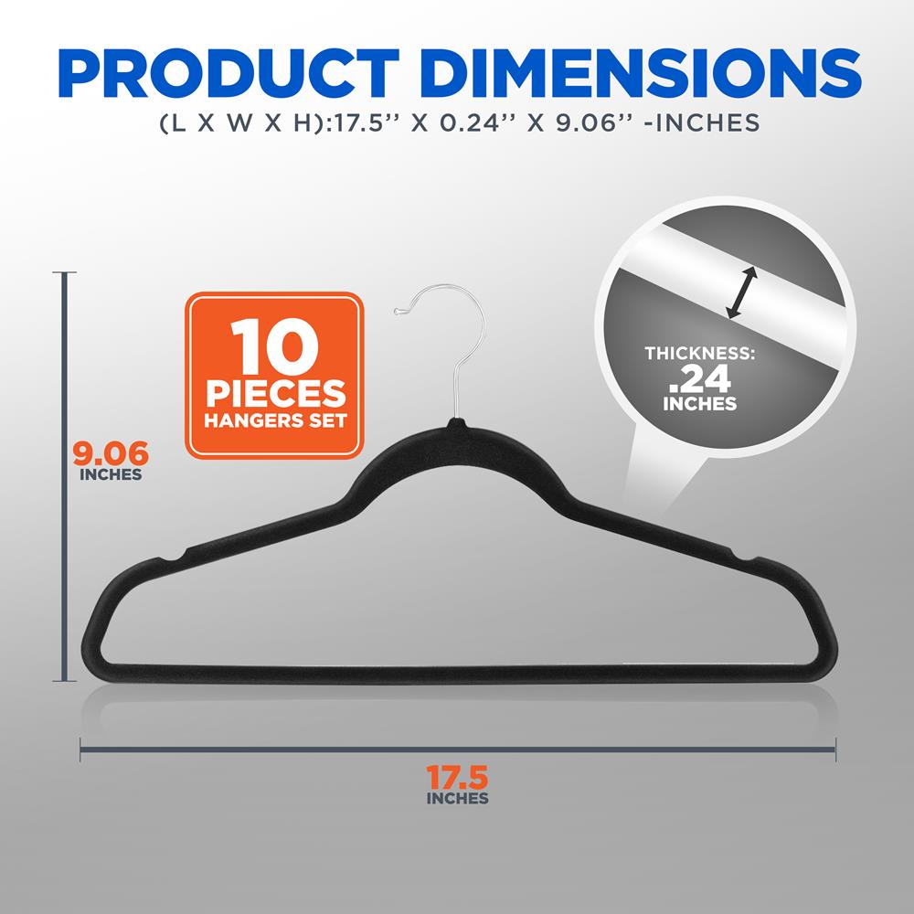 10 Pcs. Velvet Hangers - Non-Slip, Sturdy, And Heavy Duty Coat Set With 360° Swivel Hook For Clothes (Black)