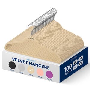 100-Pack Velvet Non-Slip Hangers, Space-Saving, 360° Swivel, Ivory