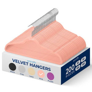 200 Velvet Hangers Non-Slip Space-Saving 360° Swivel Hook Pink