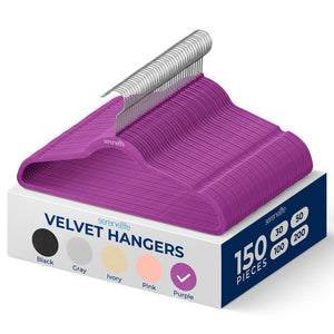 Velvet Hangers 150 Pack - Non-Slip, Space-Saving, 360° Swivel, Purple
