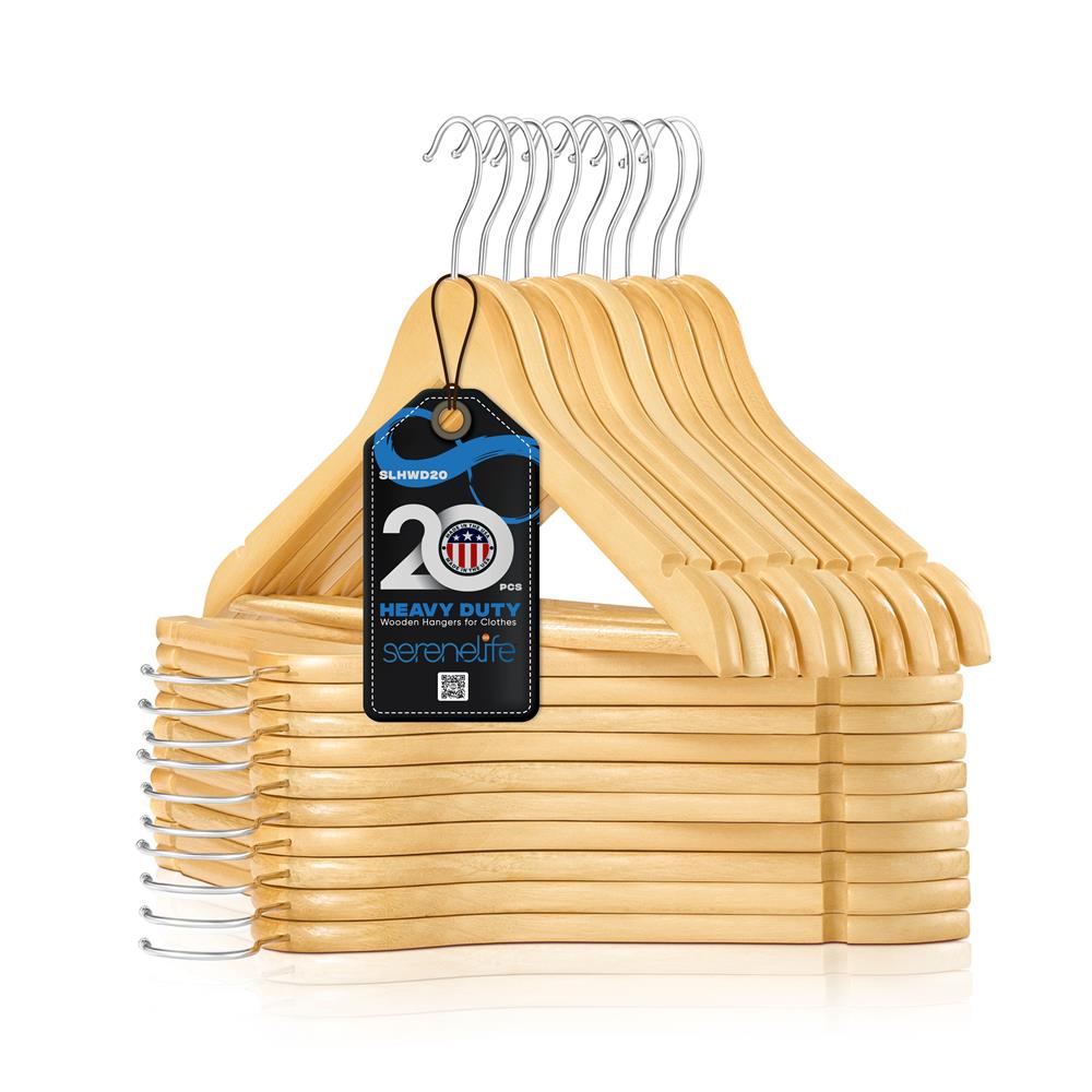 20 Pcs. Of Solid Wooden Hangers For Clothes - Heavy Duty Suit Hanger Set With Chrome 360° Swivel Hook- Notches Design For Camisole, Jacket, Pant, Dress Clothes Hangers (Natural Color)