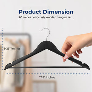 60-Pack Wooden Suit Hangers, Heavy-Duty, 360° Swivel Hook, Black