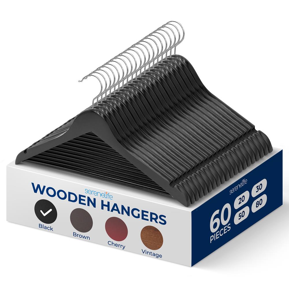 60-Pack Wooden Suit Hangers, Heavy-Duty, 360° Swivel Hook, Black