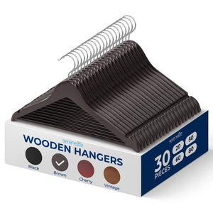 30 Wooden Coat Hangers - Durable, Space-Saving, 360° Swivel Hook, Brown