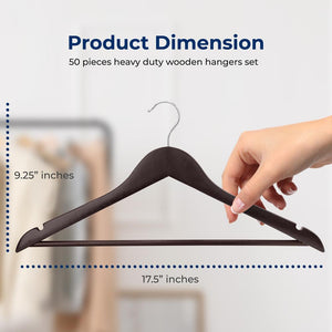50-Pack Wooden Coat Hangers - Durable, Space-Saving, 360° Swivel, Brown