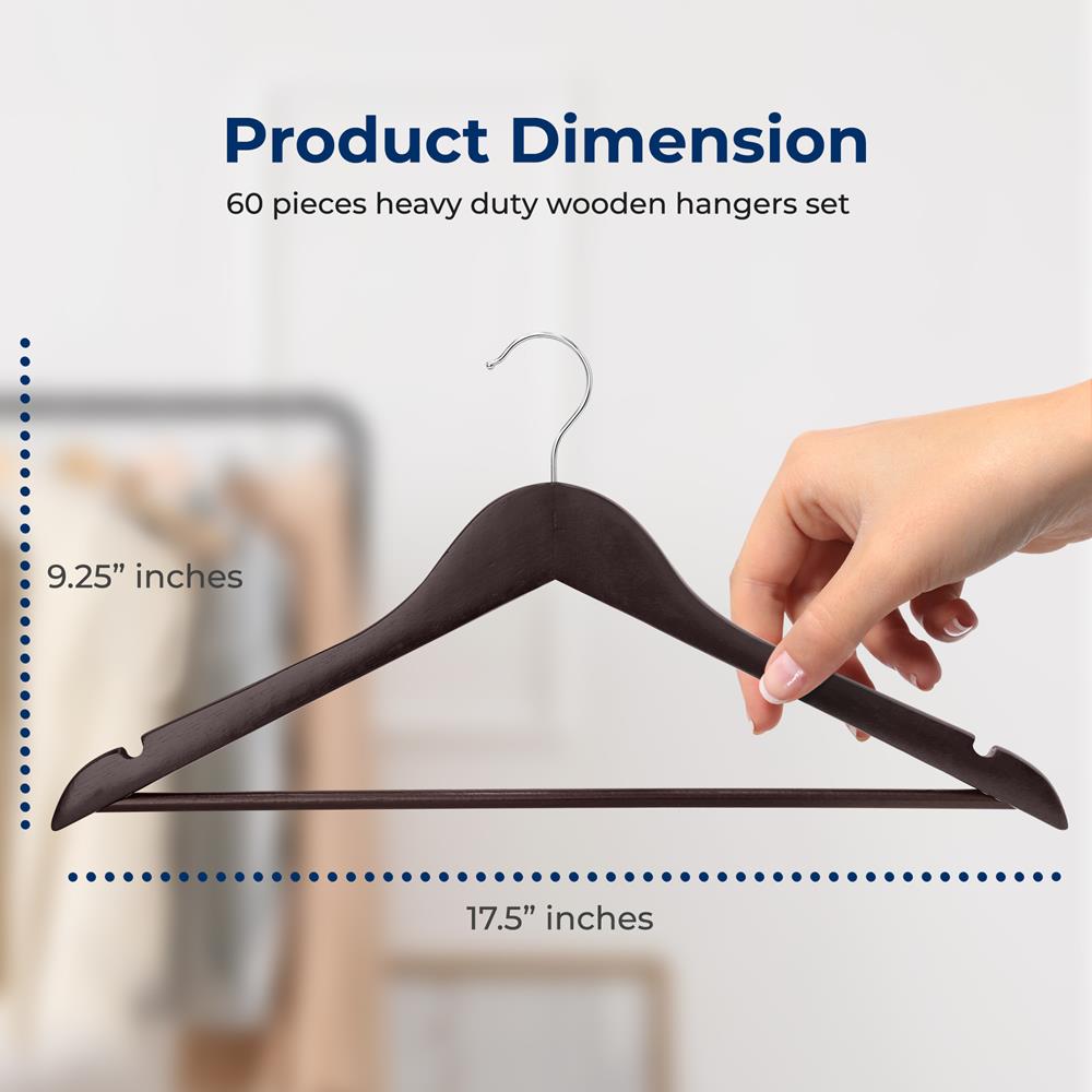 Wooden Coat Hangers 60-Pack, Durable 360° Swivel Hook, Natural Wood