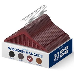 30 Pack Wooden Coat Hangers - Durable, Space-Saving, 360° Swivel Hook