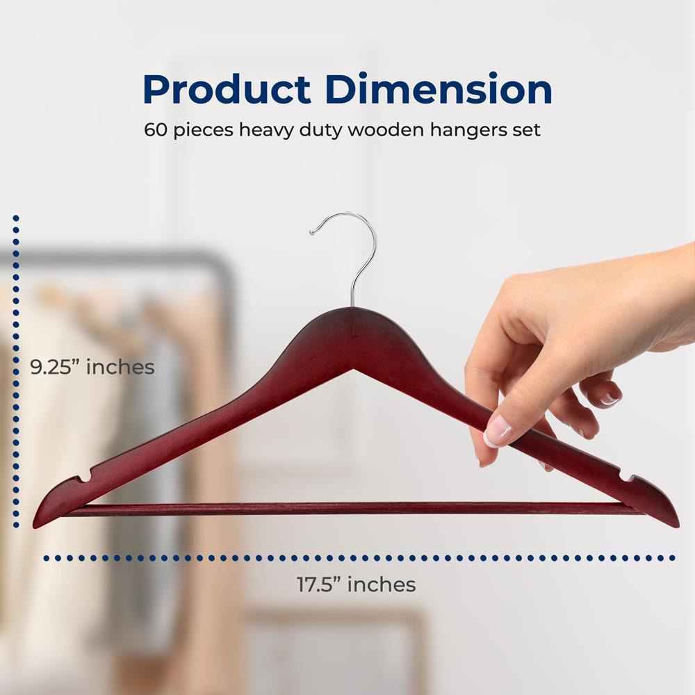 60 Pack Wooden Coat Hangers - Durable, Space-Saving, Cherry Finish