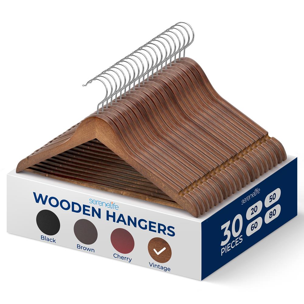 Wooden Clothes Hangers 30-Pack, Heavy Duty, 360° Swivel Hook, Vintage Finish