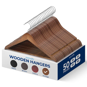 Wooden Coat Hangers 50-Pack, Durable 360° Swivel Hook, Natural Wood