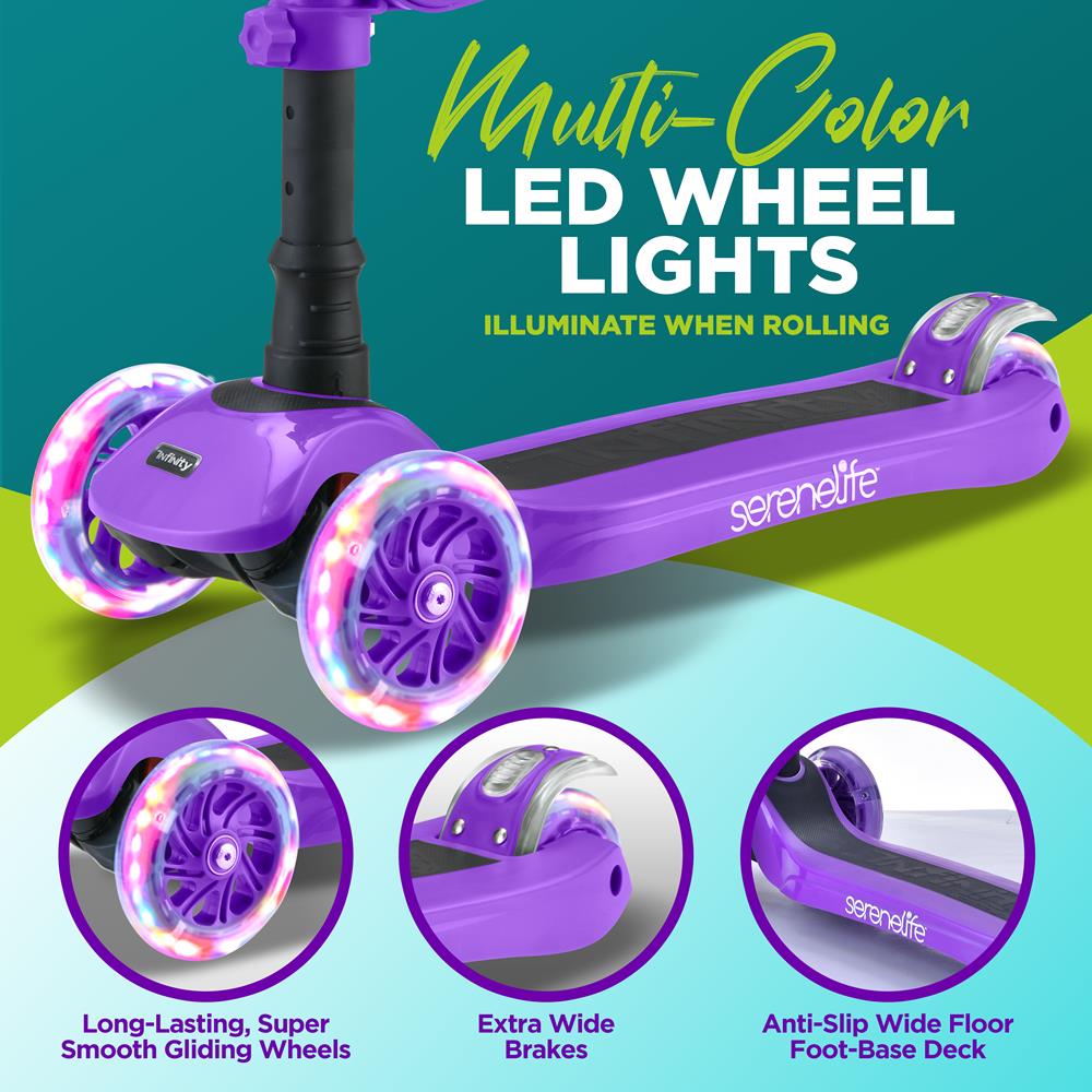 Infinity 3-Wheel Kids Scooter - Child & Toddler Toy Scooter With Built-In Led Wheel Lights, Fold-Out Comfort Seat (Violet)