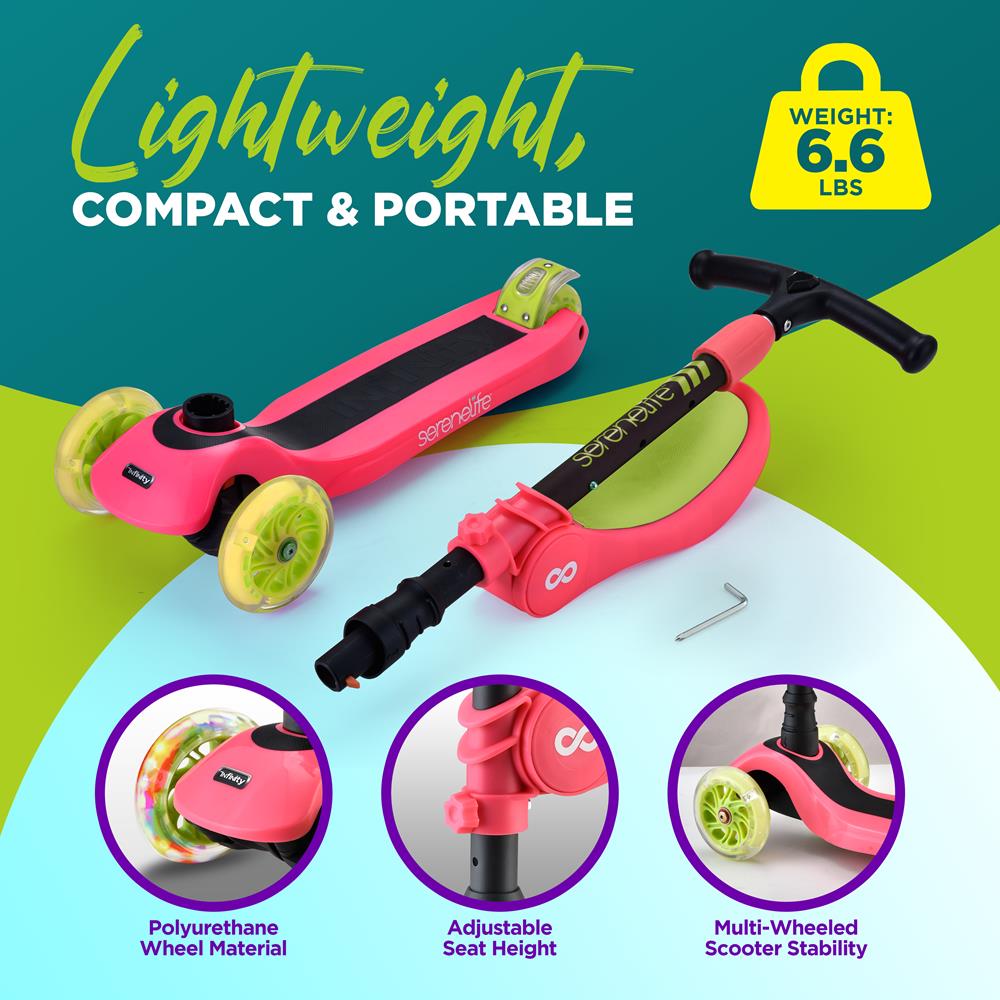 Infinity 3-Wheel Kids Scooter - Child & Toddler Toy Scooter With Built-In Led Wheel Lights, Fold-Out Comfort Seat (Watermelon)