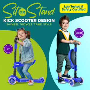 Infinity 3-Wheel Kids Scooter - Child & Toddler Toy Scooter With Built-In Led Wheel Lights, Fold-Out Comfort Seat (Blue)