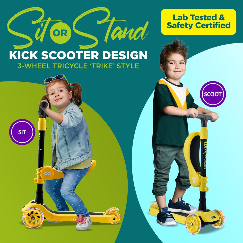 Infinity 3-Wheel Kids Scooter - Child & Toddler Toy Scooter With Built-In Led Wheel Lights, Fold-Out Comfort Seat (Yellow)