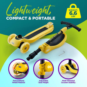 Infinity 3-Wheel Kids Scooter - Child & Toddler Toy Scooter With Built-In Led Wheel Lights, Fold-Out Comfort Seat (Yellow)