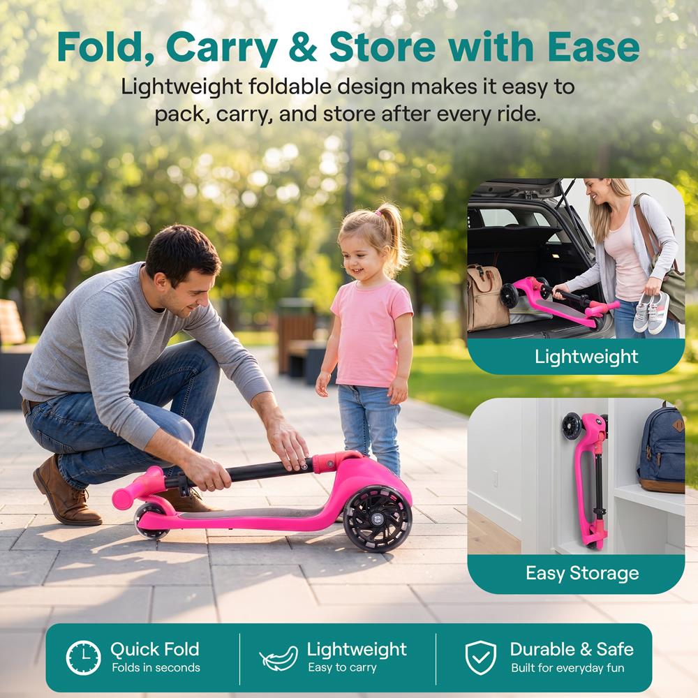 3-Wheel Kids Scooter, Foldable, LED Wheels, Adjustable Handlebar, Pink