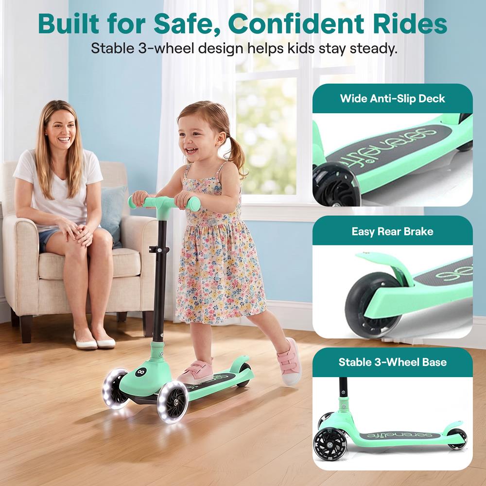 3-Wheel Foldable Kids Scooter - Child Toy Scooter With Built-In Led Wheel Lights, And Easy Maneuvering Lean-To-Steer Technology (Mint Green)