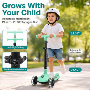 3-Wheel Foldable Kids Scooter - Child Toy Scooter With Built-In Led Wheel Lights, And Easy Maneuvering Lean-To-Steer Technology (Mint Green)