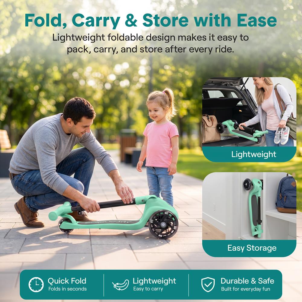 3-Wheel Foldable Kids Scooter - Child Toy Scooter With Built-In Led Wheel Lights, And Easy Maneuvering Lean-To-Steer Technology (Mint Green)