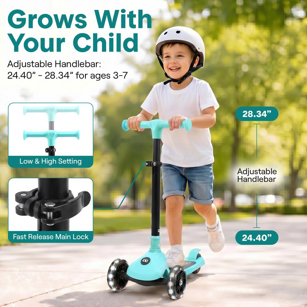 3-Wheel Kids Scooter, LED Wheels, Foldable Seat, Adjustable Handlebar, Blue