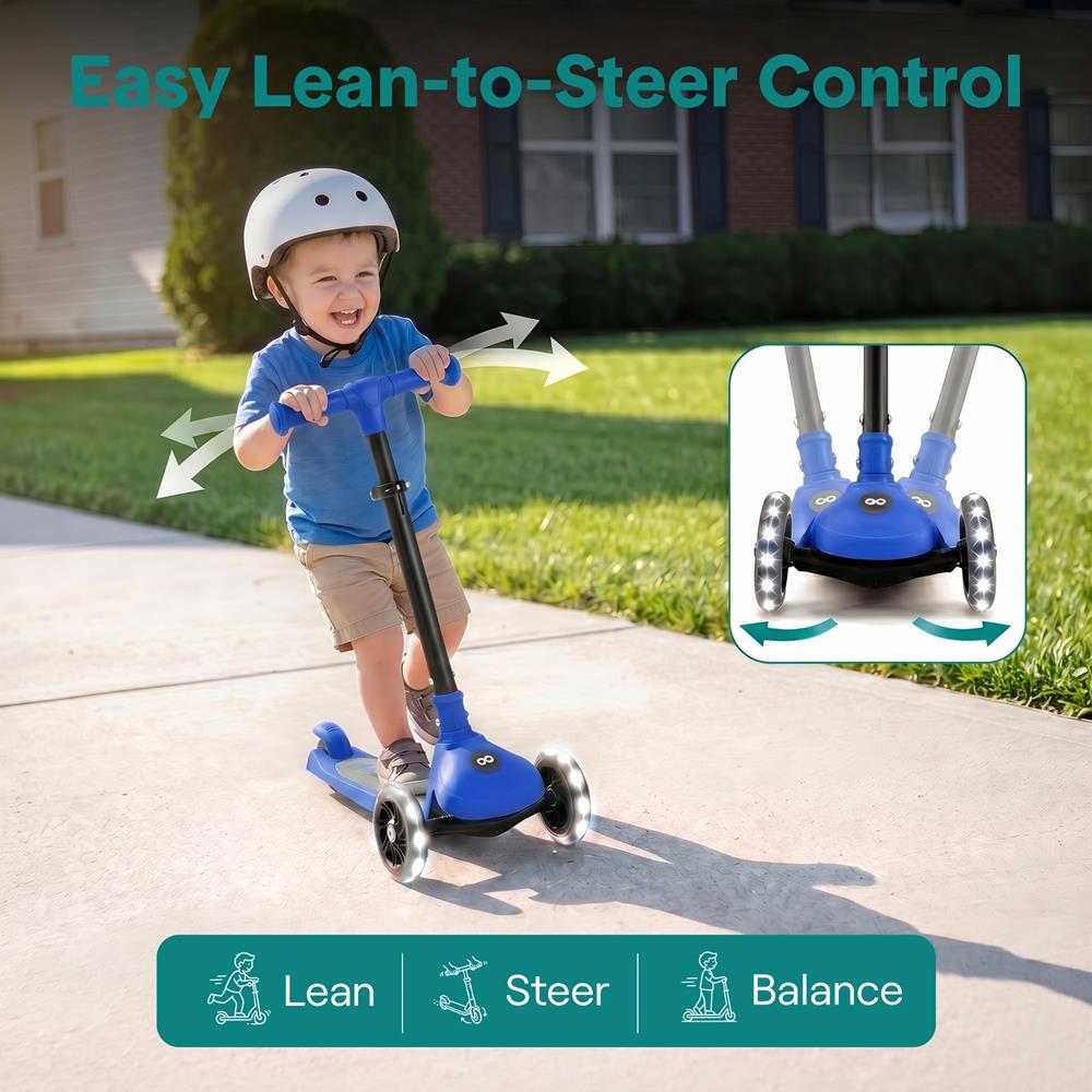 Kids Kick Scooter with LED Wheels, Lean-to-Steer, Adjustable Handlebar, Blue