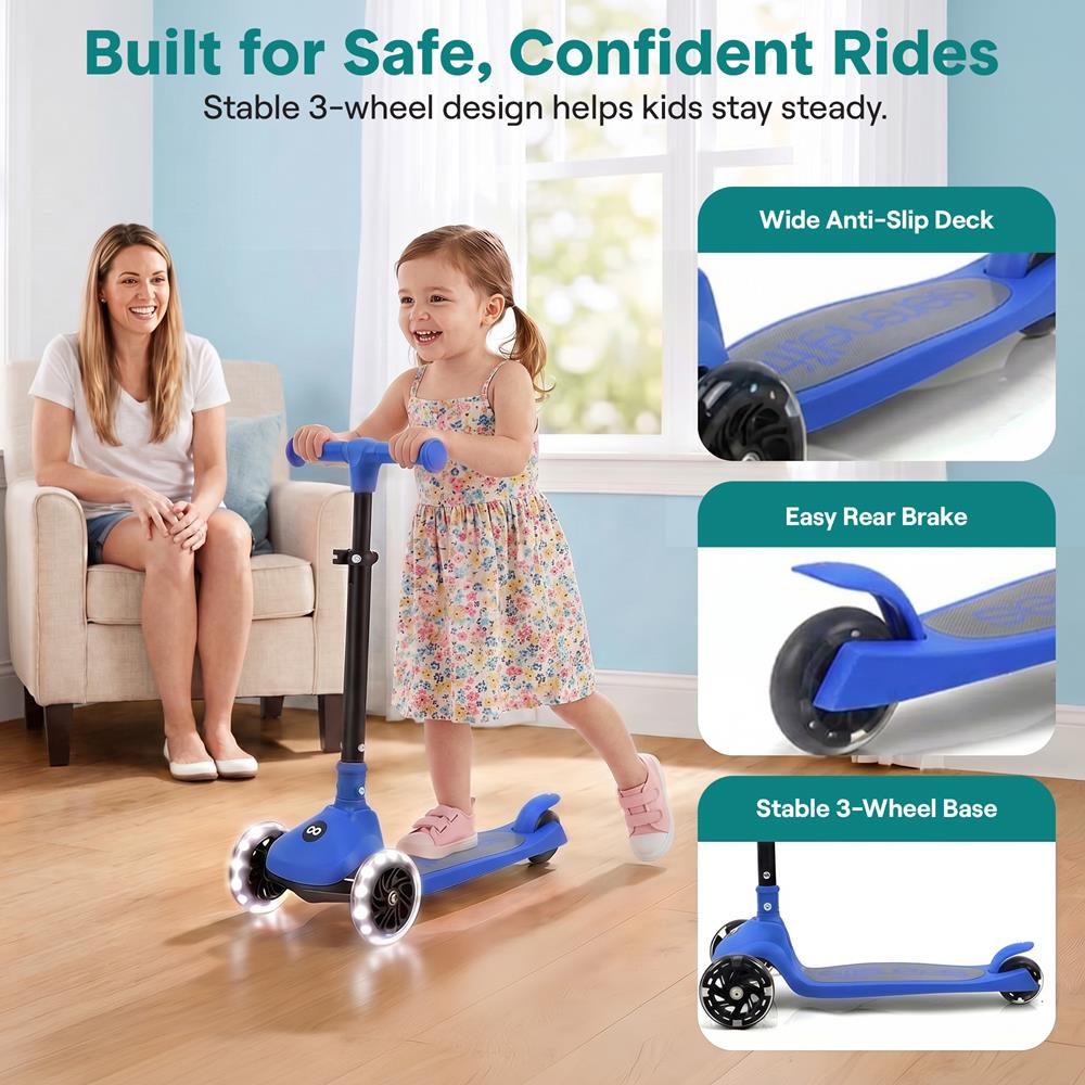 Kids Kick Scooter with LED Wheels, Lean-to-Steer, Adjustable Handlebar, Blue