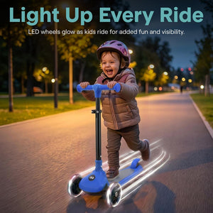 Kids Kick Scooter with LED Wheels, Lean-to-Steer, Adjustable Handlebar, Blue