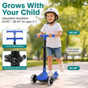 Kids Kick Scooter with LED Wheels, Lean-to-Steer, Adjustable Handlebar, Blue